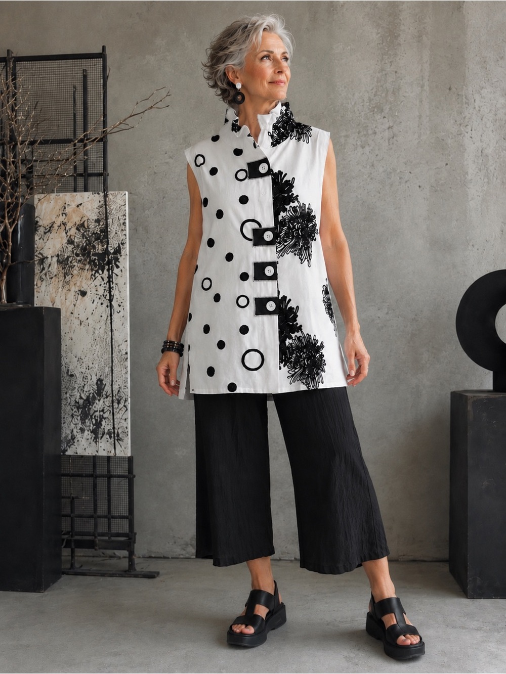 Wearable Art Lagenlook Tunic Top XL Black White Polka Dot Floral